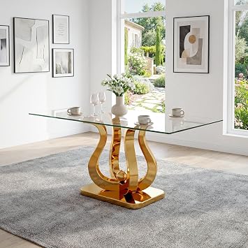 AF ARTISAN FURNITURE 69" Modern Tempered Glass Dining Table for 6-8, Rectangular Glass Kitchen Table with Mirror Stainless Steel Petal Base, Gold Dining Table for Dining Room, Apartment