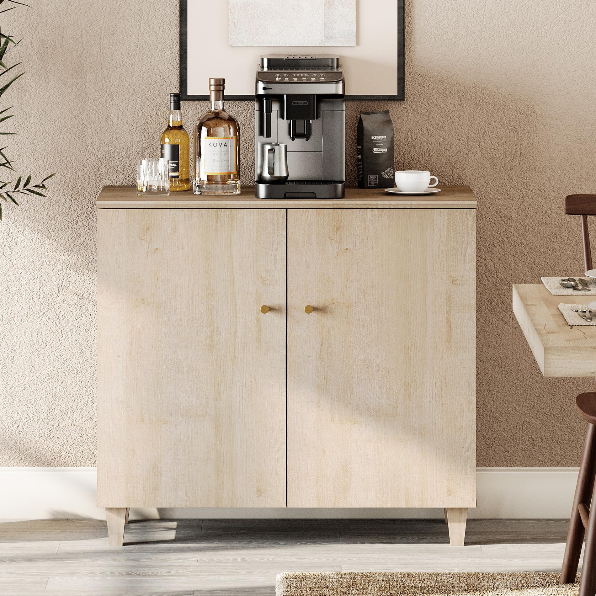 WAMPAT Sideboards Buffet Cabinet, 35.4" Wide Wooden Credenza Storage Cabinet with 2 Doors, Modern Kitchen Accent Cabinet with 3 Compartments for Living Room, Hallway, Light Oak