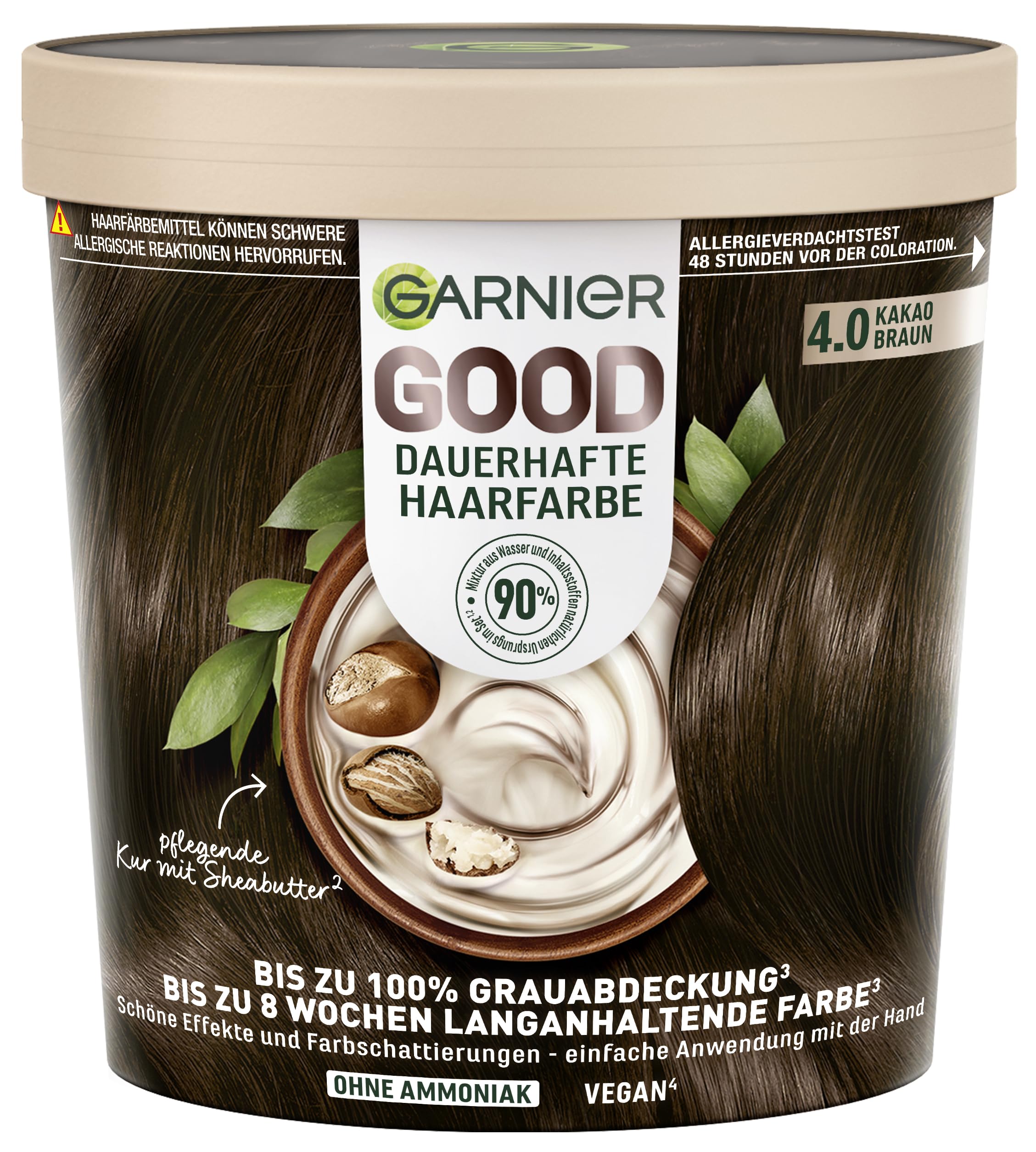 Garnier GOOD Dauerhafte Haarfarbe 4.0 Kakao Braun – Coloration ohne Ammoniak, bis zu 100% Grauabdeckung, 1 Stk.