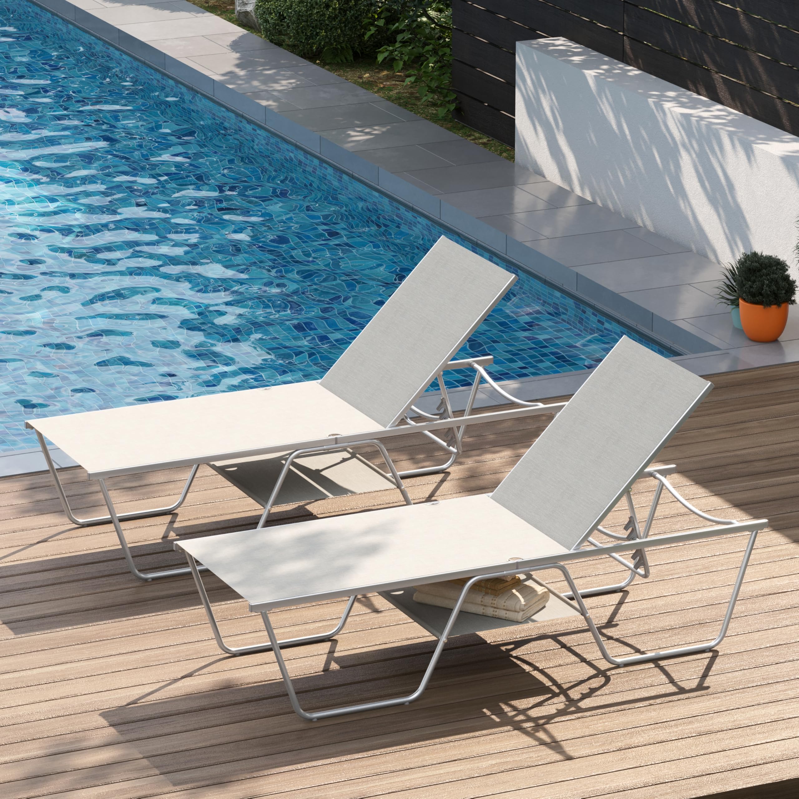 PHI VILLA Sun Lounger for Garden Sunbeds Set of 2 Garden Loungers and Recliners 5-Level Adjustable Flat Deck Patio Loungers for Balcony Poolside Beach