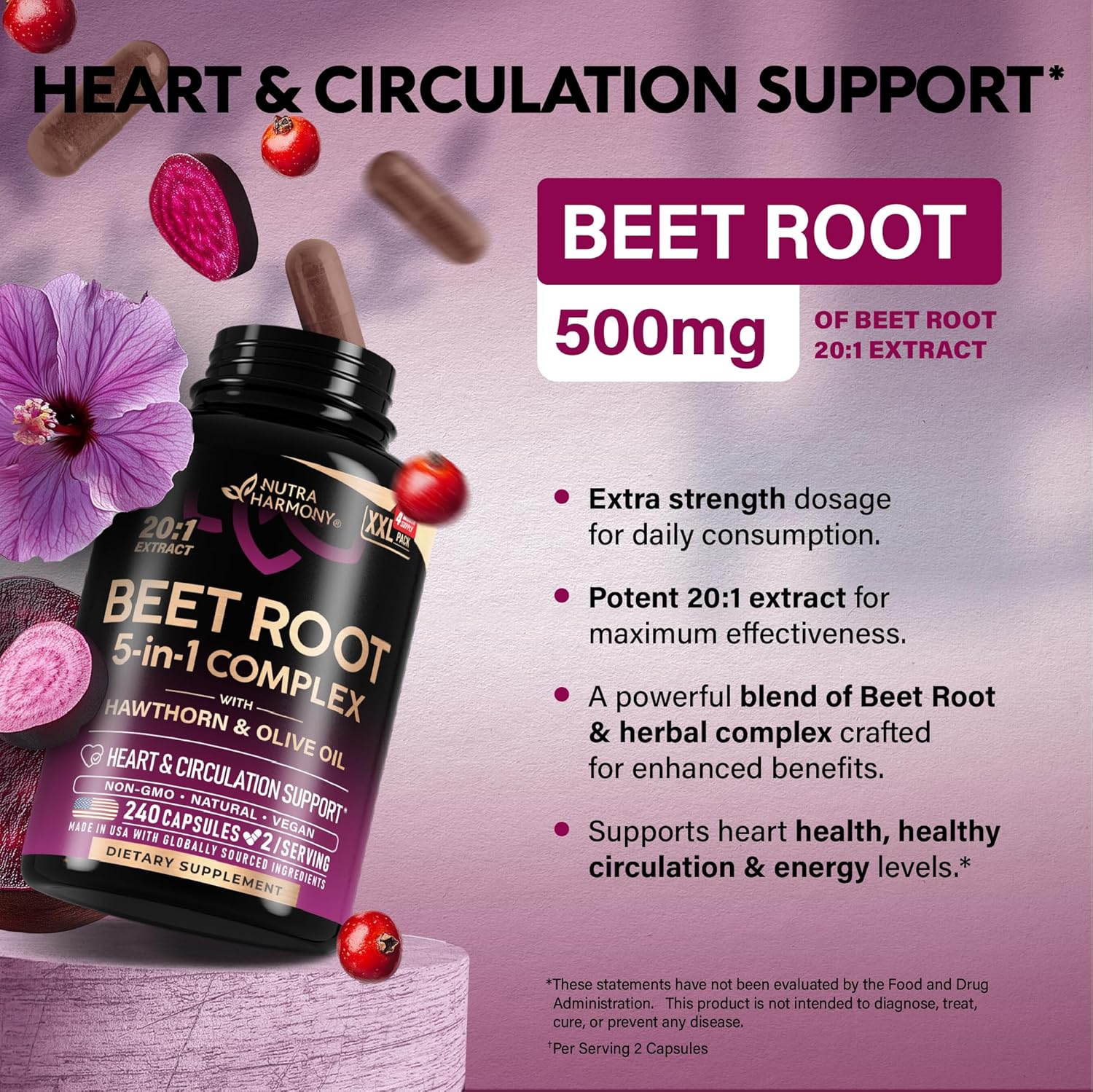 Beet Root 5-in-1 Complex Capsules - Healthy Blood Pressure Support Supplement** for Heart & Circulation Support - with Hawthorn Berry, Hibiscus & Garlic - for Men & Women - Made in USA, 240 Capsules