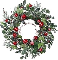 Vista 12 de YNYLCHMX Corona de Navidad de 20 pulgadas para puerta delantera, corona de invierno con letrero de bienvenida, hojas de eucalipto, bayas rojas