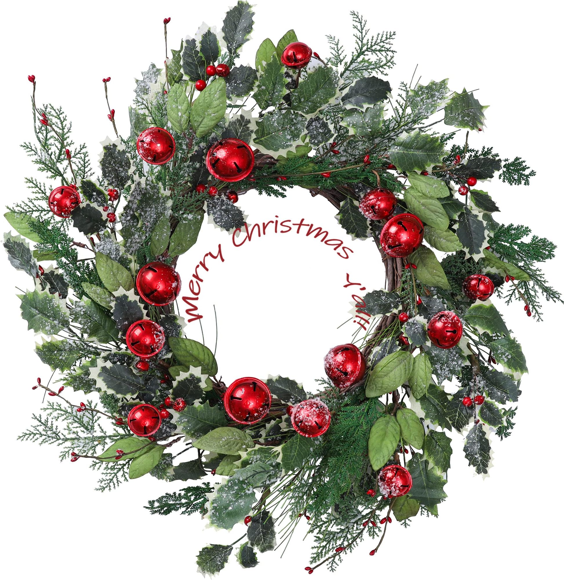 YNYLCHMX 20 Inch Winter Wreath for Front Door, Winter Wreaths with Pine Needles Holly Red Bells, Artificial Door Snowy Wreaths for Outdoor Indoor Reef Farmhouse Windows Wall Holiday Decoration