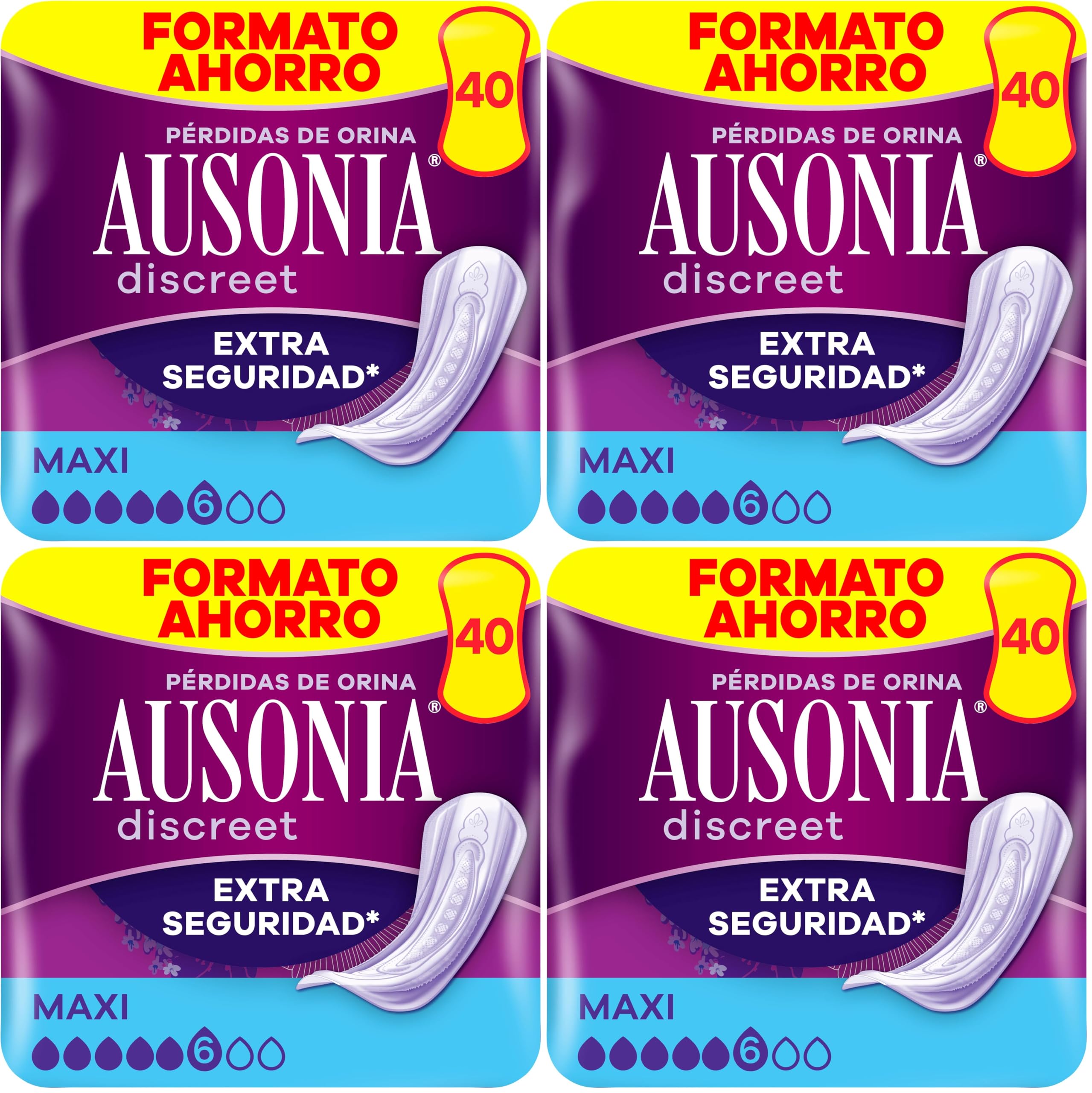 Ausonia Discreet Maxi, 40 Compresas Incontinencia Mujer para Pérdidas De Orina, Extra Seguridad, Discreción Increíble (Paquete de 4)