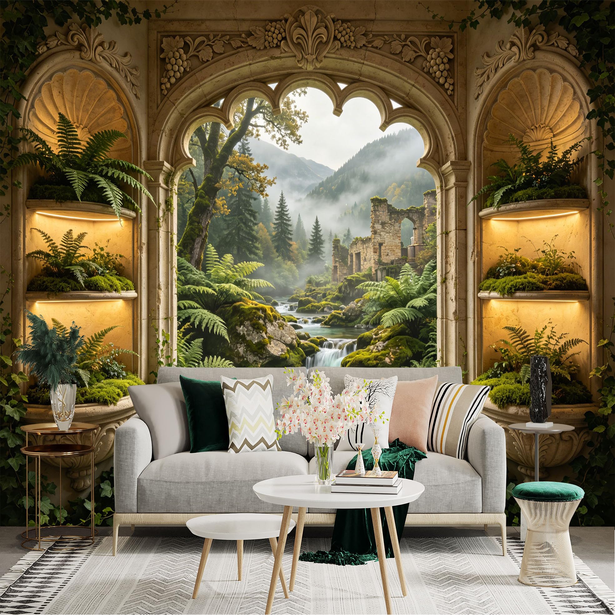 Custom Size Wall Sticker Mural， Ancient Stone Arch with Lush Ferns and Waterfall Landscape， for wall Decoration， peelandstick wall Decals.