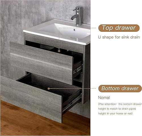Miniatura 4 de KSWIN Tocador de baño montado en la pared de 24 pulgadas con fregadero, tocador flotante gris, dos cajones, gabinete de baño con fregadero integrado