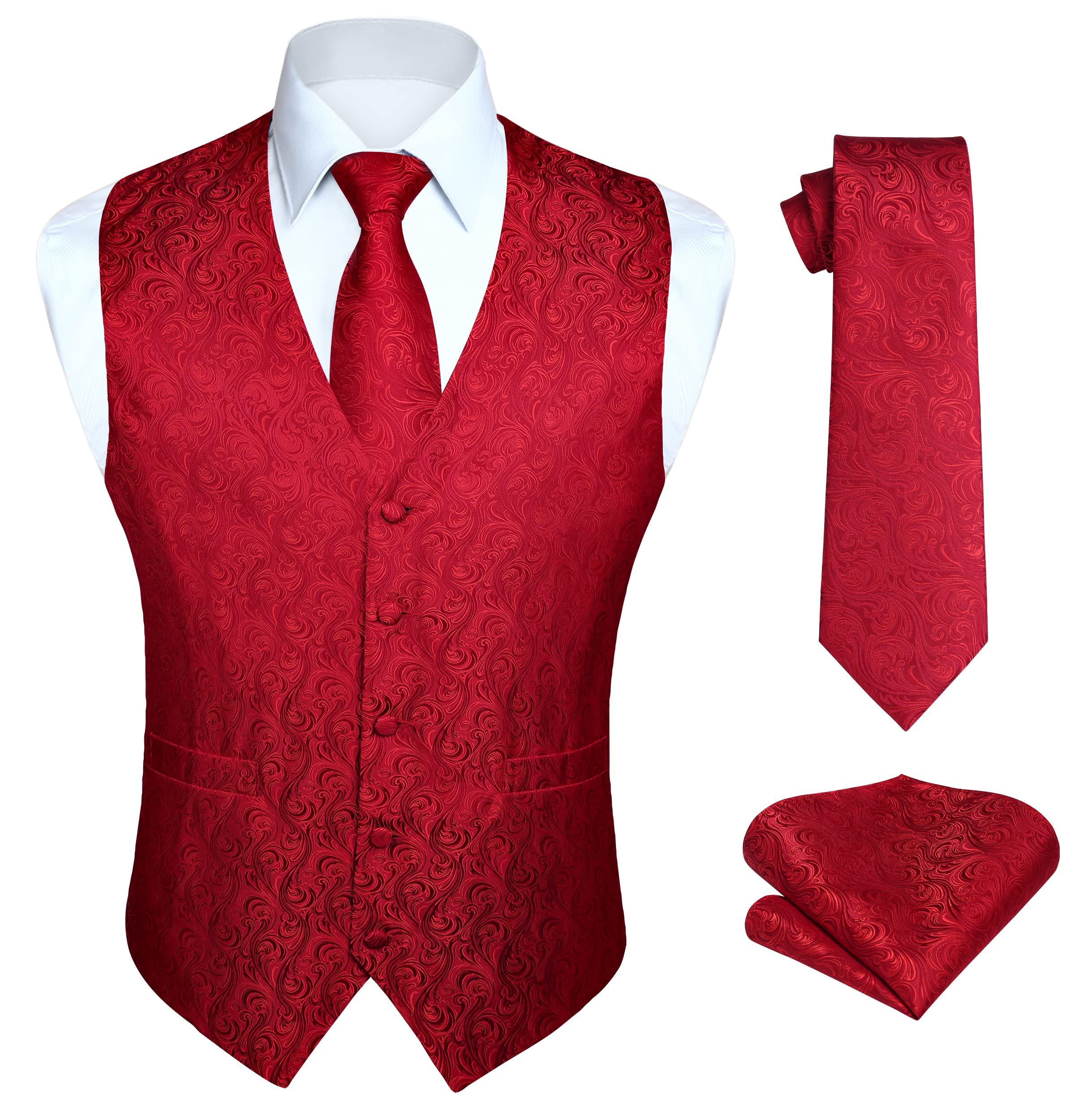 HISDERN Vest and Tie Sets for Men Vests Paisley Floral Jacquard Necktie Pocket Square 3PCS Waistcoat for Suit or Tuxedo