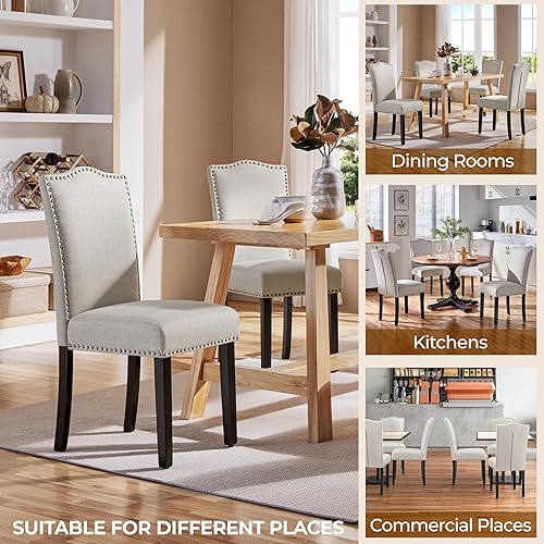 Miniatura 6 de Yaheetech Sillas de comedor tapizadas de tela moderna de diseño elegante silla lateral de comedor con borde de clavo para el hogar cocina sala de