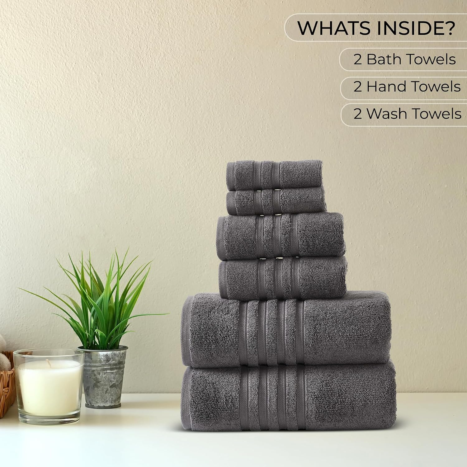 ESSELL 24/7 Luxury 6 Piece Towel Set, 700 GSM 100% Cotton 2 Bath Towels 2 Hand Towel 2 Washcloths, Ultra Soft & Lightweight, Highly Absorbent Towels for Spa, Hotel & Bathroom - Charcoal Towel Set