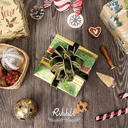 Vista 75 de Ribbli - Cinta de terciopelo dorado verde oscuro metálico con alambre de 2.5 pulgadas, cinta navideña de terciopelo arrugado para envoltura, decorar