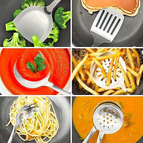 Miniatura 6 de Juego de utensilios de cocina, 8 piezas de acero inoxidable 304 con soporte, mango de madera resistente al calor, juego de utensilios de cocina de