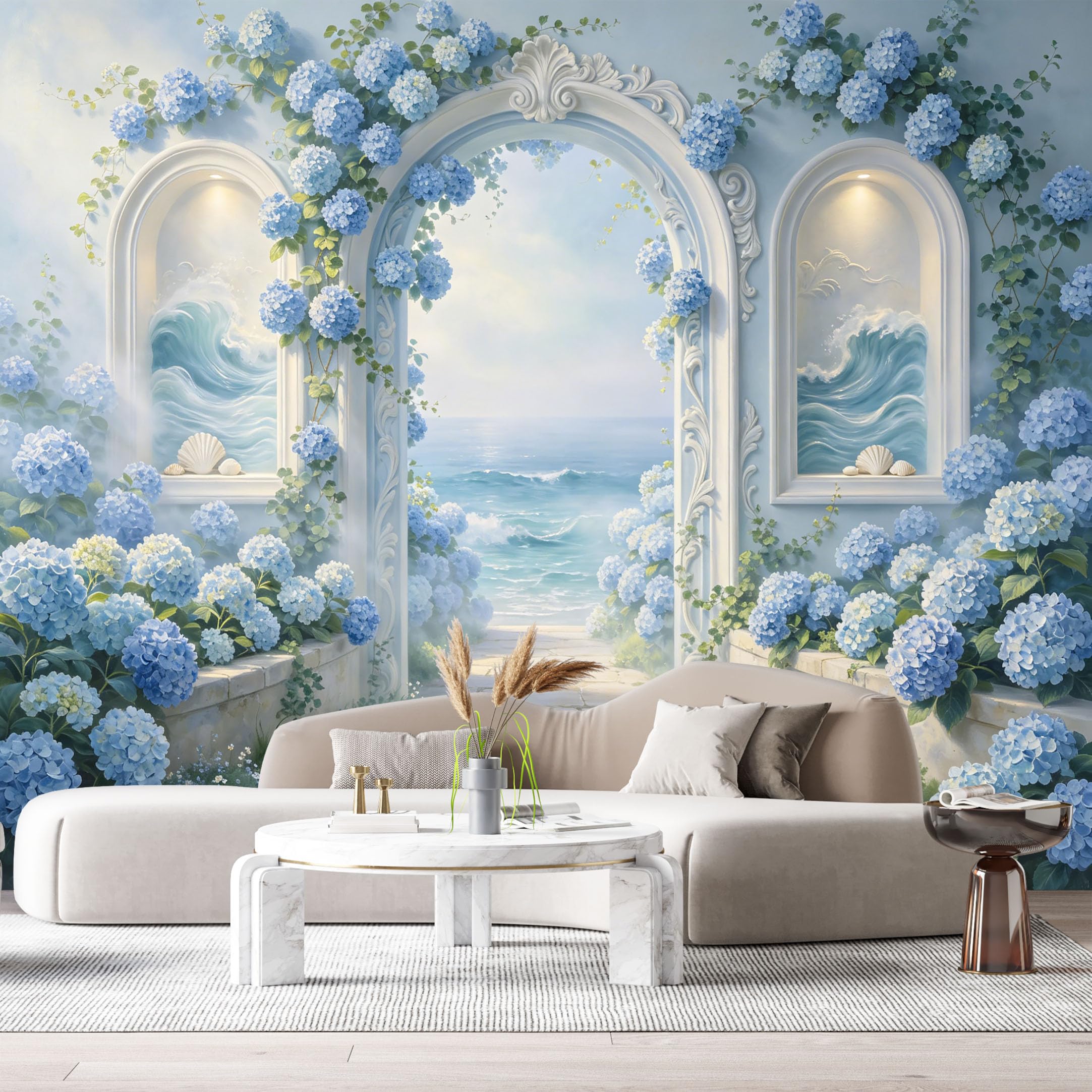 Custom Size Wall Murals Coastal Ocean Marine Hydrangea Floral Arch 3D Trompe L'Oeil SelfAdhesiveWall Fabric Removable Wallpaper Wall Decor for Living Room Bedroom Bathroom