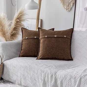 Home Brilliant Set of 2 Decorative Throw Pillow Covers with Buttons Textured Faux Linen Cushion Covers for Bed Couch Sofa Bench, 18x18 inches 45cm, Brown
