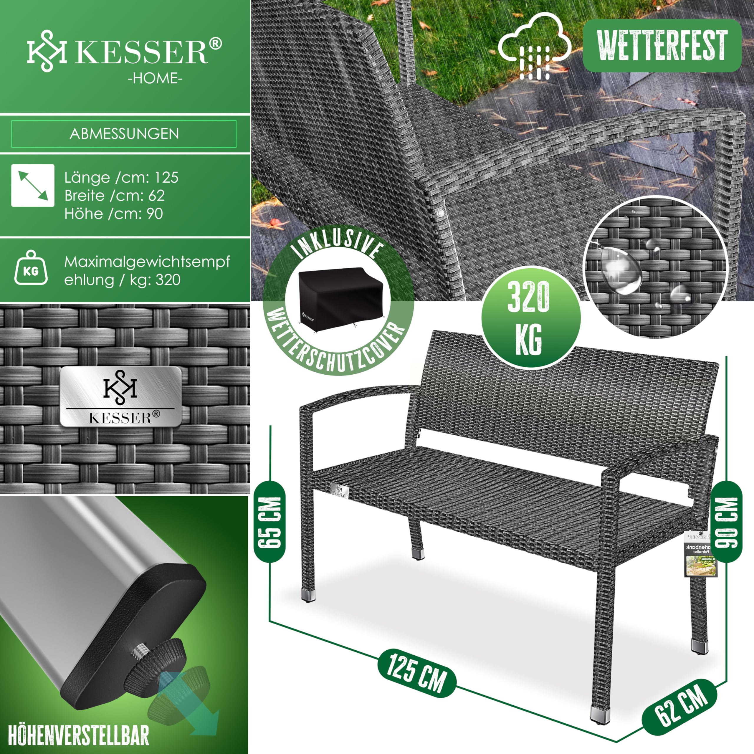 KESSER® Panca da giardino in polyrattan, resistente alle intemperie, resistente ai raggi UV e portata fino a 320 kg, 125 x 62 x 90 cm, mobili da giardino con braccioli ergonomici, per 2 persone,