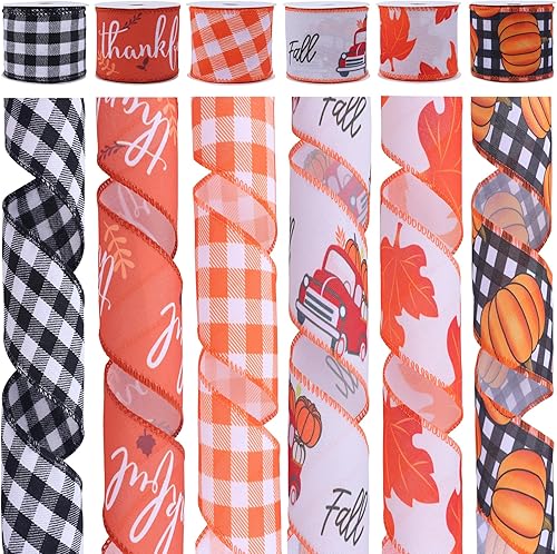 VATIN Cinta de arpillera con alambre de otoño de 2.5 pulgadas x 90 pies, diseño de cuadros de búfalo, calabaza, hojas de arce, camión, cinta de