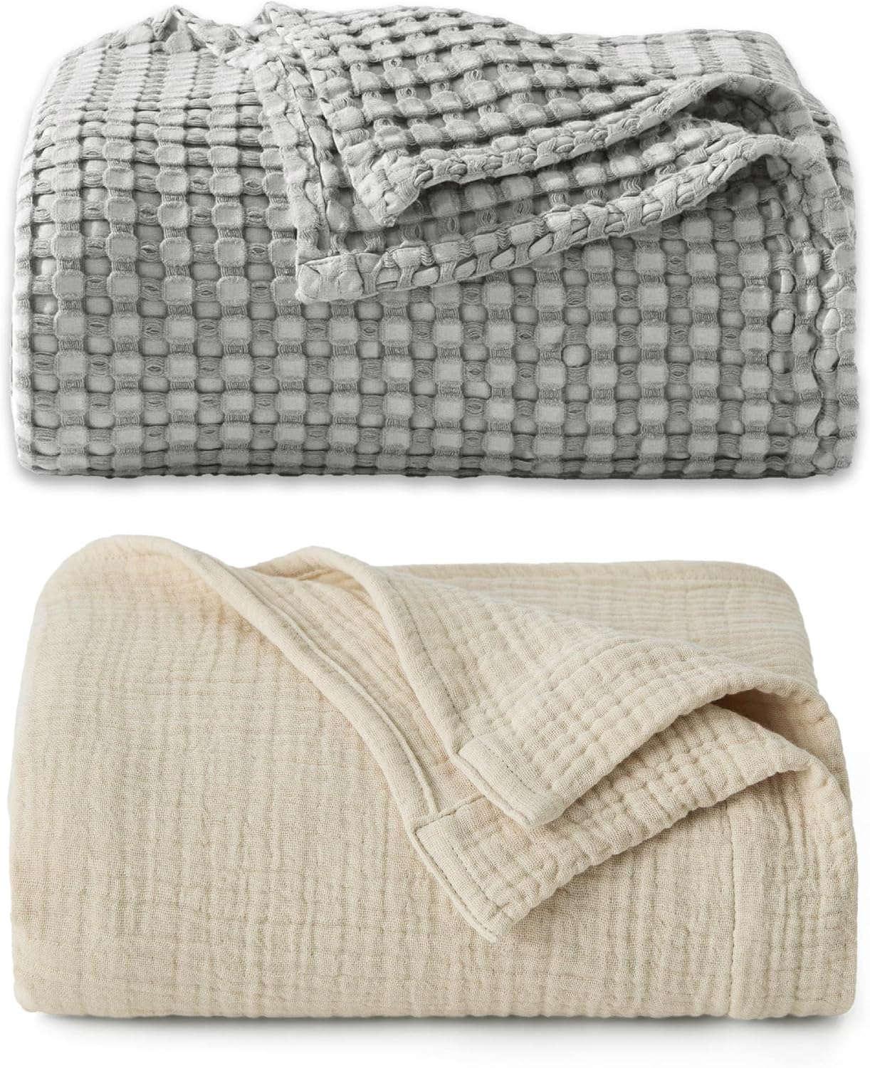 Bedsure Bundle of 1 Muslin Blanket 50x70 & 1 Waffle Blanket 50x70