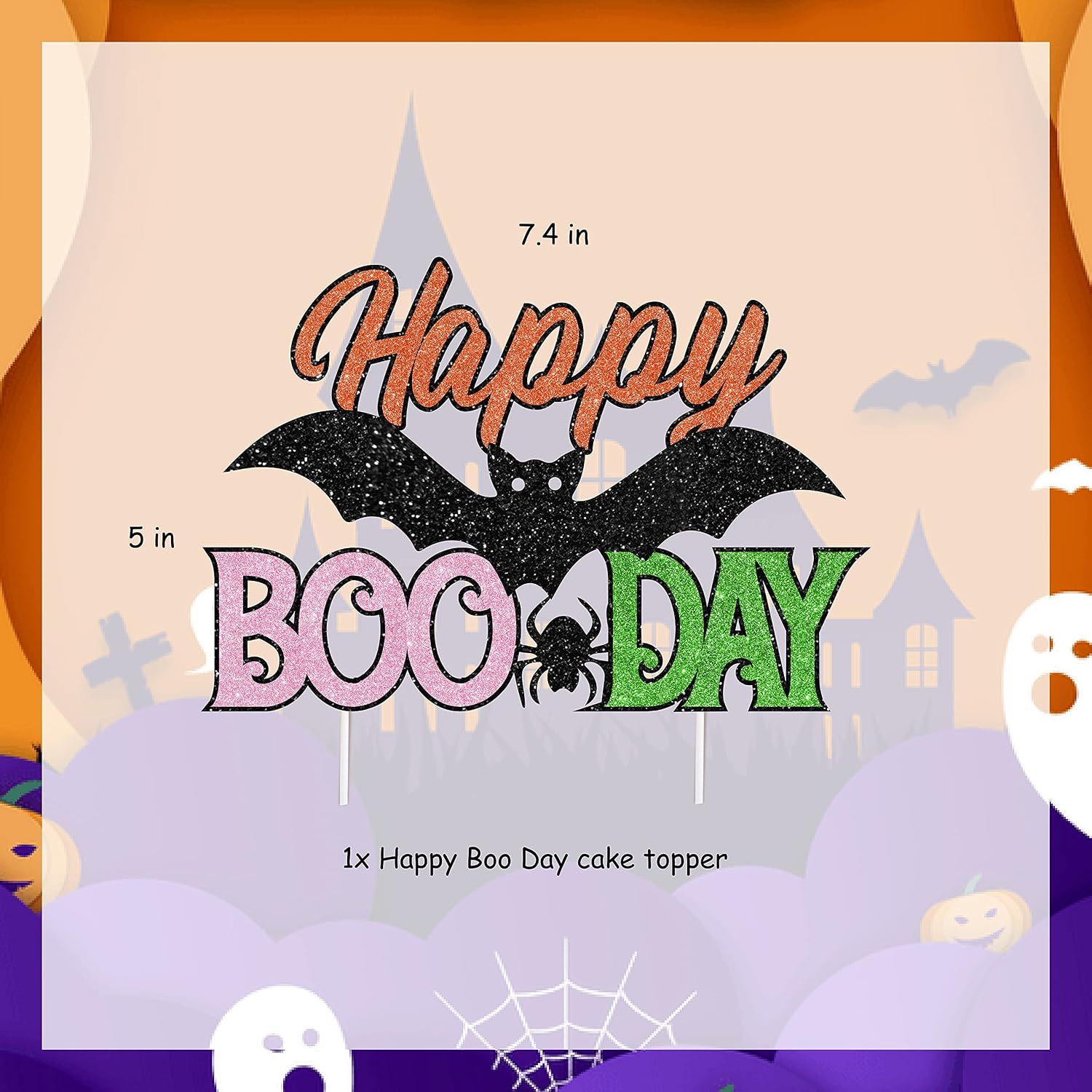 Happy Boo Day Cake Topper with Spider and Bat for Halloween Girls Birthday Party Decorations Home Office School Decor