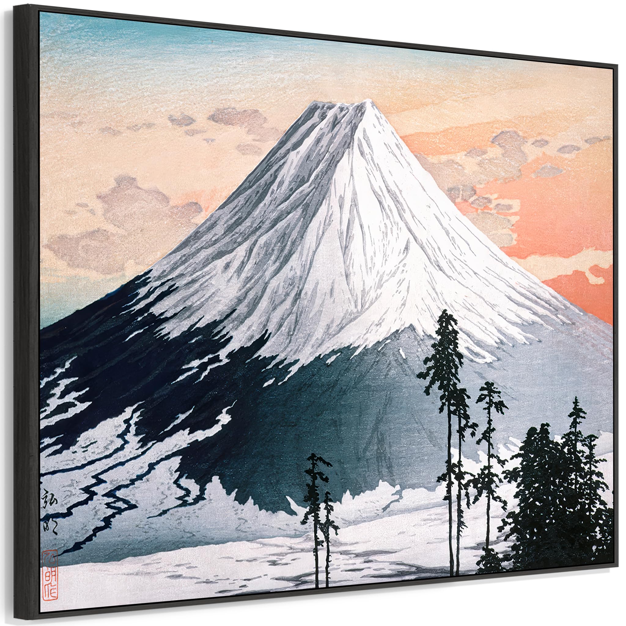 Wallfillers Red Mount Fuji Japanese Wall Art Framed Canvas Print Of Hiroaki Takahashi Shotei Painting (100Cm X 84Cm)
