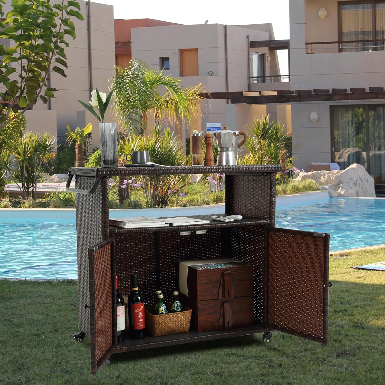 Wicker Outdoor Bar Cart - Brown Patio Console Storage Table Buffet Cabinet Serving Kitchen Cart with Wheels for Outside Backyard