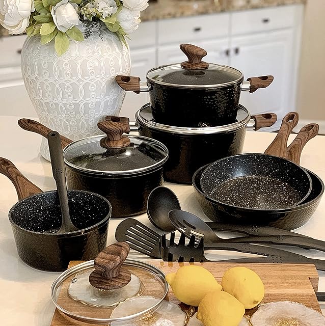 Induction Kitchen Cookware Sets - Hammered Granite Cooking Pan Set Nonstick Pots and Pans Set