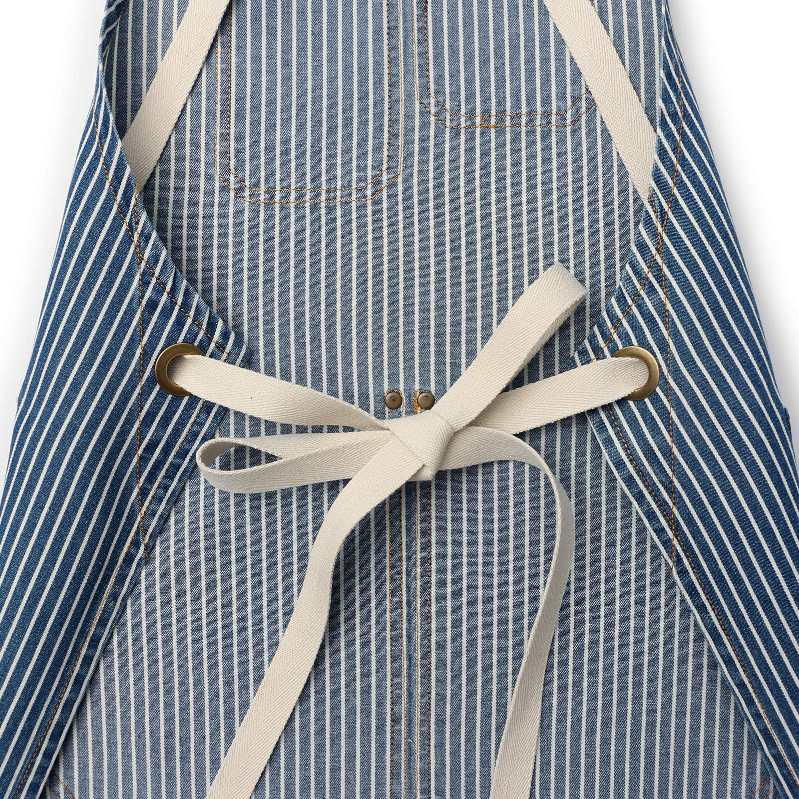 Jeanerlor - Cooking Apron with 4 Pockets for Hairdresser Cross Back (Blue Striped)
