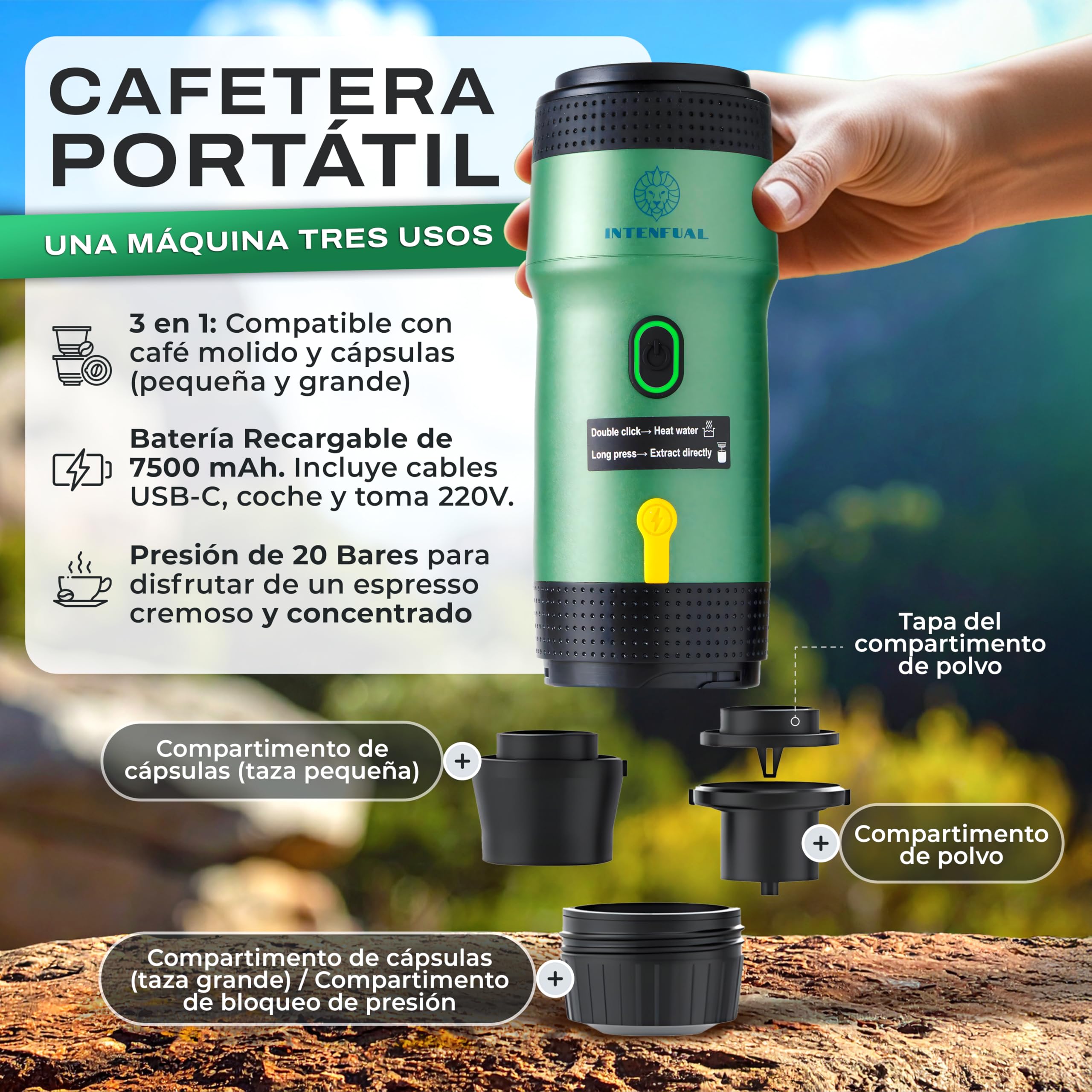 Cafetera Portátil Espresso, Autocalentable con Batería 12V, Compatible con Cápsulas Nespresso, Dolce Gusto y Café Molido para Viajes y Coche, Ideal para Camping y Exterior