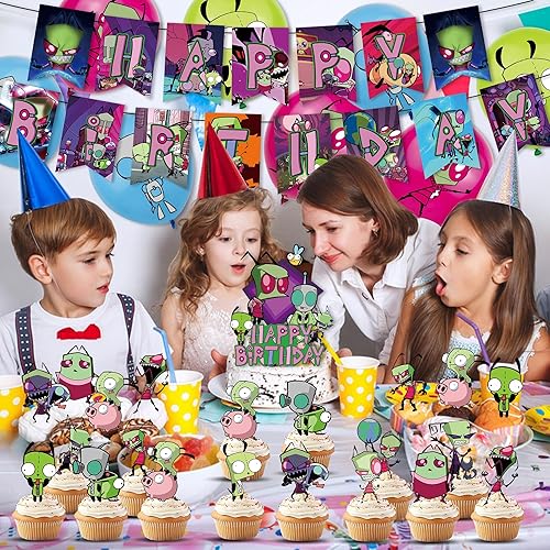 Miniatura 6 de Decoración de fiesta de cumpleaños de invasor, incluye pancarta de cumpleaños con tema Zim, decoración de pastel, globos de látex, para suministros