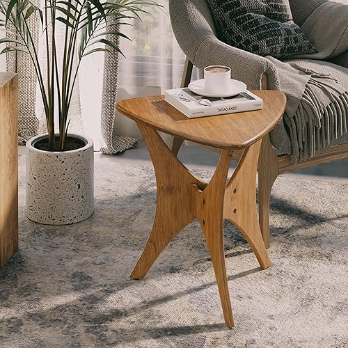 Miniatura 7 de COZAYH Moderna mesa auxiliar de madera triangular con base de madera de caucho con patas cruzadas, mesa auxiliar pequeña de mediados de siglo para