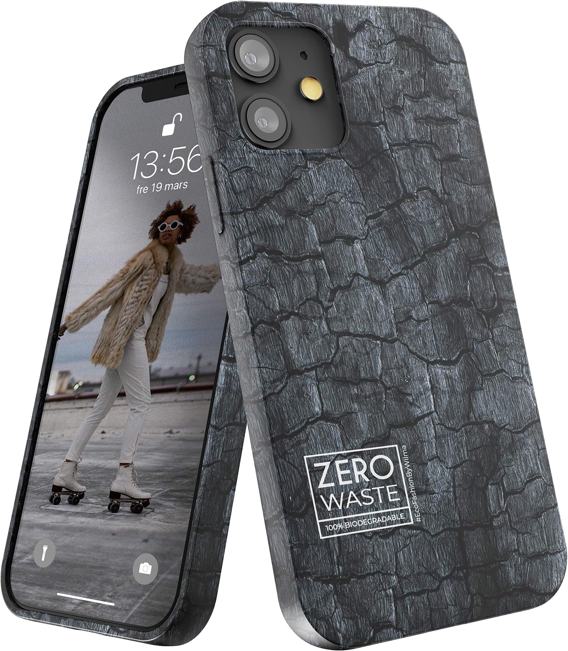 Wilma Biodegradable Compatible with iPhone 12 Mini Case, 5.4 Zot, Waste Free, Complete Protective Mobile Phone Case, Environmentally Friendly, Plastic Pollution, Stop, Plastic-Free, Charcoal