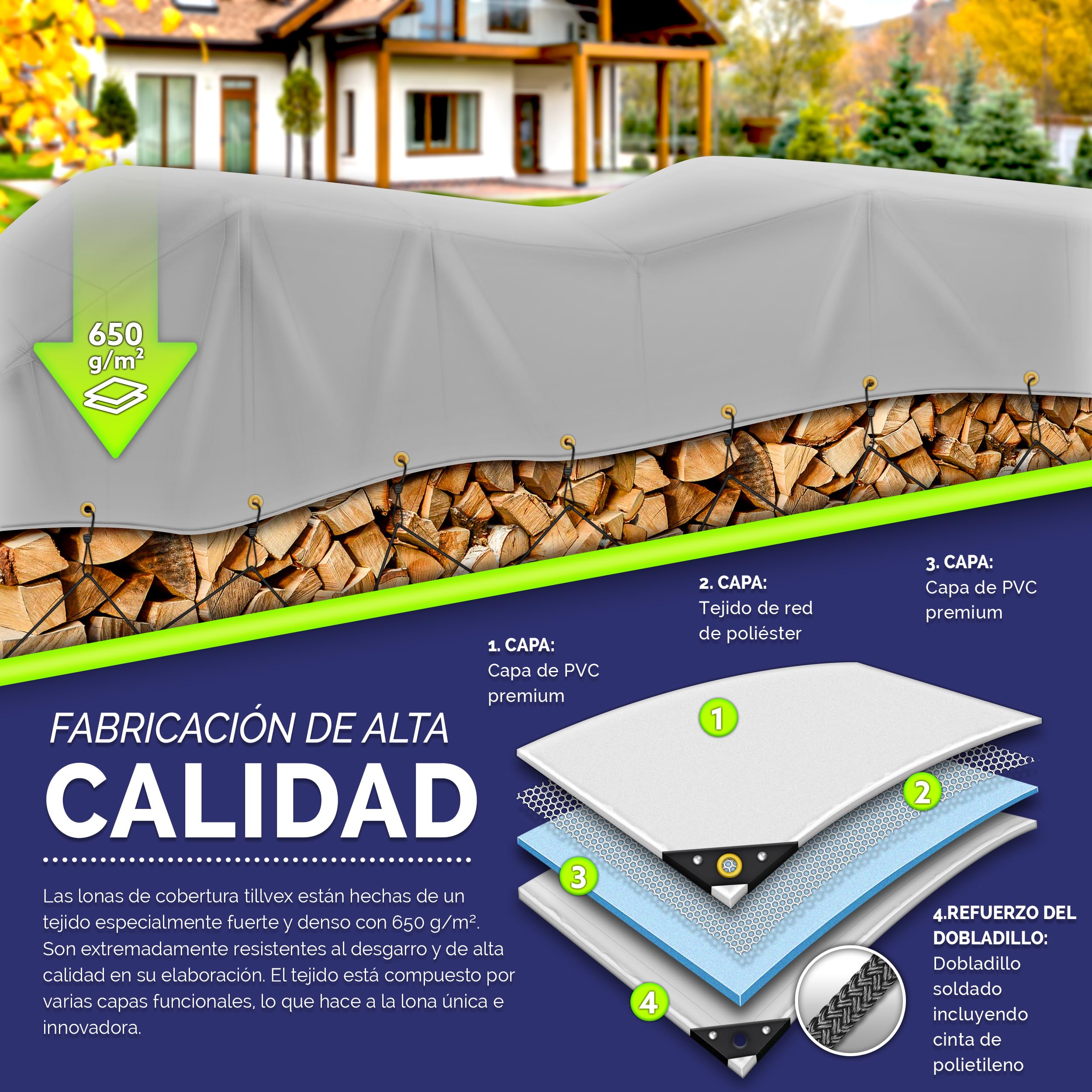 tillvex® Lona con Ojales + 10 Ganchos y Cuerda de 15 m, Lona de 650 g/m² Exterior, Impermeable y al desgarro, Lona de PVC Universal para Camiones, Piscinas, Muebles de jardín, Cubierta Madera,