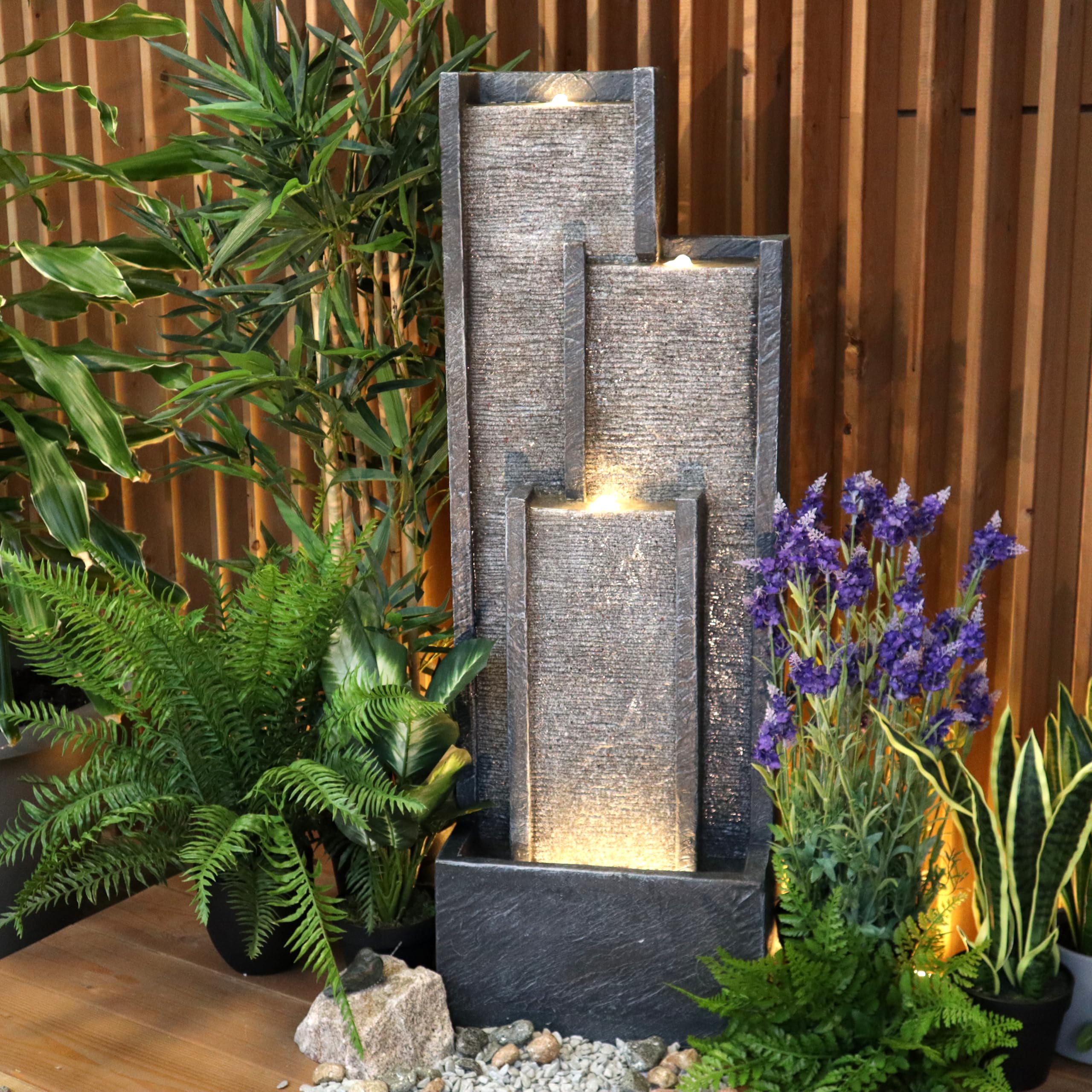 Wacredo Premium Wasserspiel Komplettset Venezuela inklusive Pumpe 100cm Zimmerbrunnen Indoorbrunnen Springbrunnen Granitoptik für Wohnraum und Garten 3X LED Spots und LED Band hochwertig handbemalt