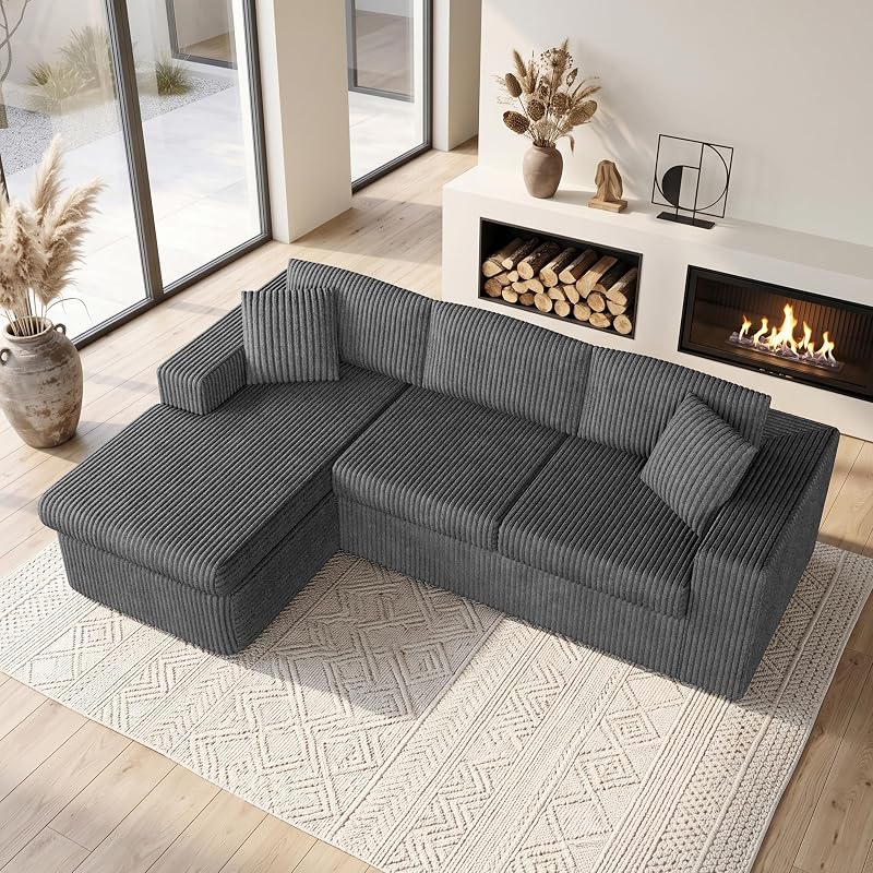 Shintenchi 103" Boneless Couch, L Shaped Modular Sectional Sofa with Deep Seat, Cloud Foam Couch with Oversized Chaise Lounge, No Assembly Required Plush Corduroy Living Room Furniture, Iron Gray image 7