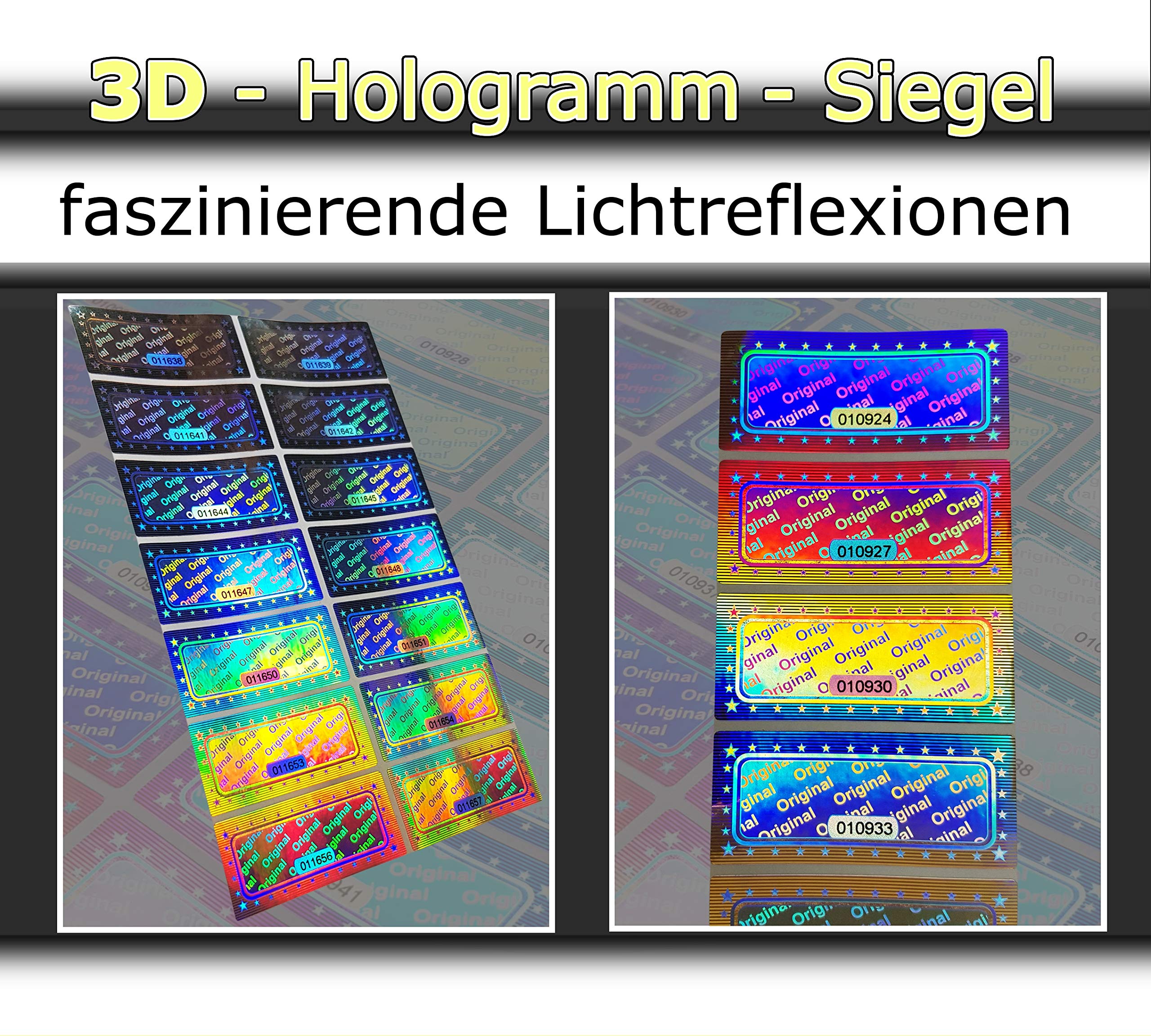 1000 pezzi – 3D ologramma originale con numero di serie – 46 x 20 mm argento lucido – sigillo di sicurezza, sigillo di qualità, sigillo di garanzia, etichette di sicurezza, etichette adesive