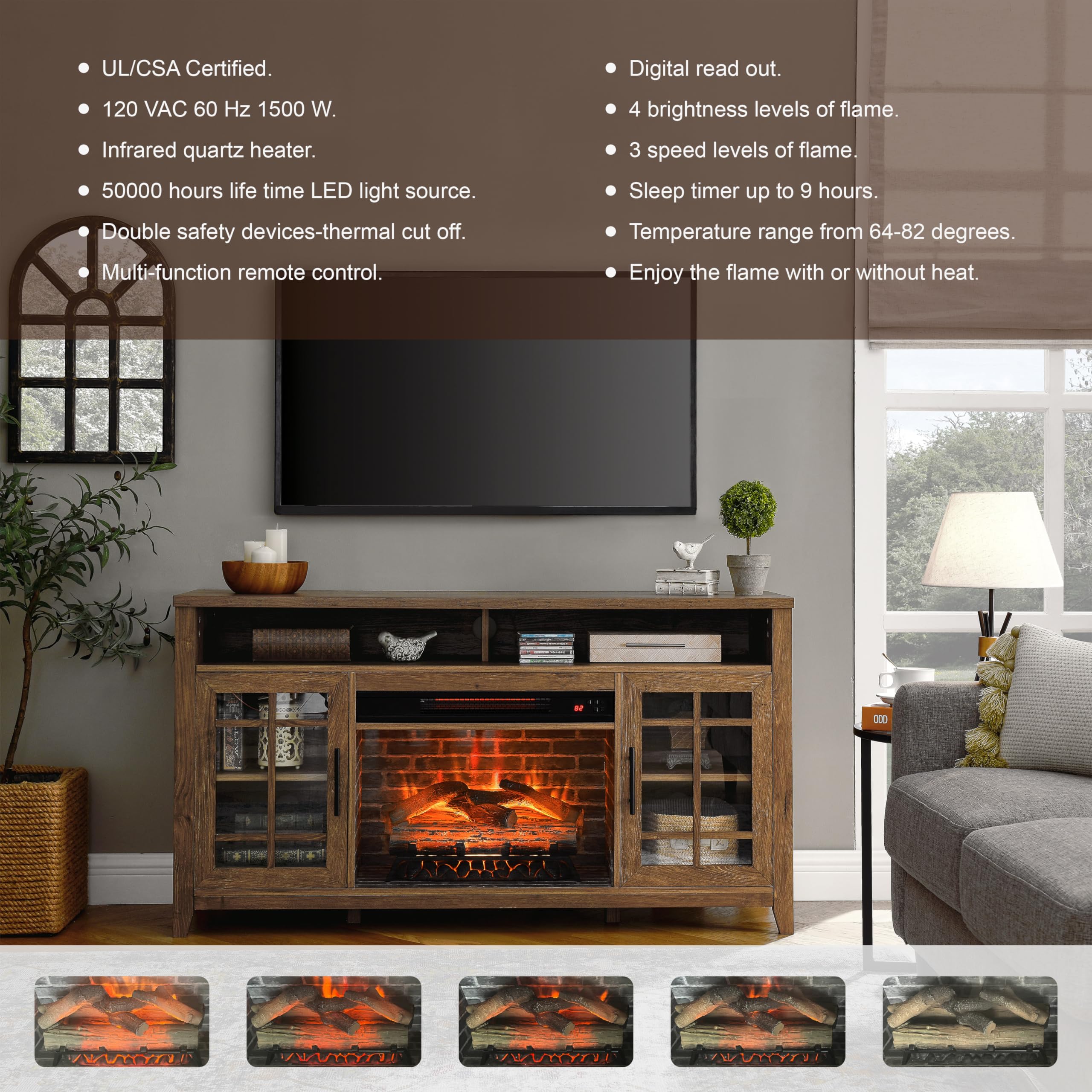 Geelife 55 inch TV Media Stand with Electric Fireplace KD Inserts Heater,Reclaimed Barnwood Color