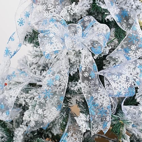 Miniatura 5 de AIMUDI Cinta de copo de nieve plateada con purpurina para árbol de Navidad, 2.5 pulgadas, cinta de organza transparente con alambre para árbol de