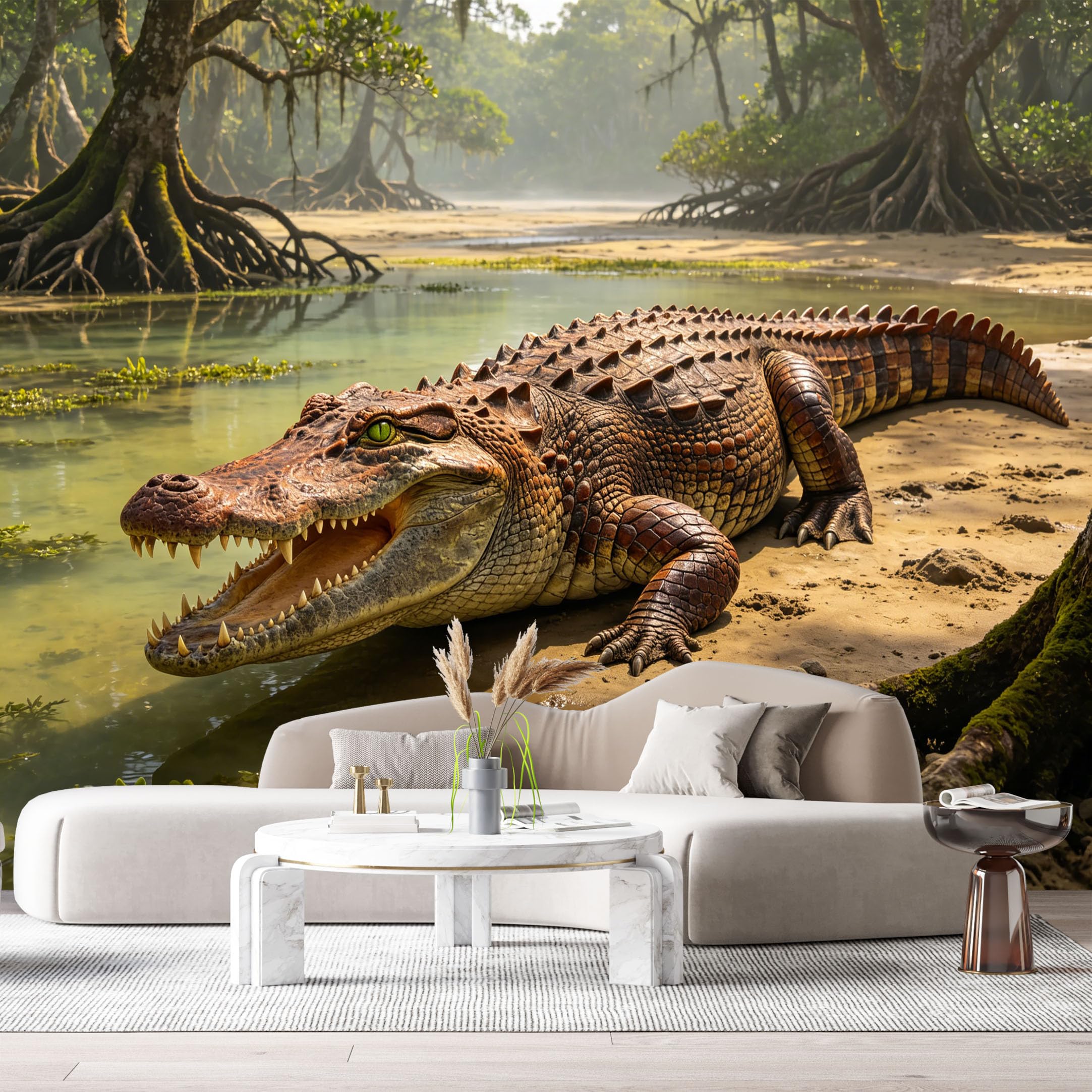 Custom Size Wall Mural Crocodile River Jungle Realistic 3D Trompe L'Oeil Wildlife Nature Scene SelfAdhesive Art Prints Removable Large Wallpaper Esports Room Game Room Tenant Room Studio