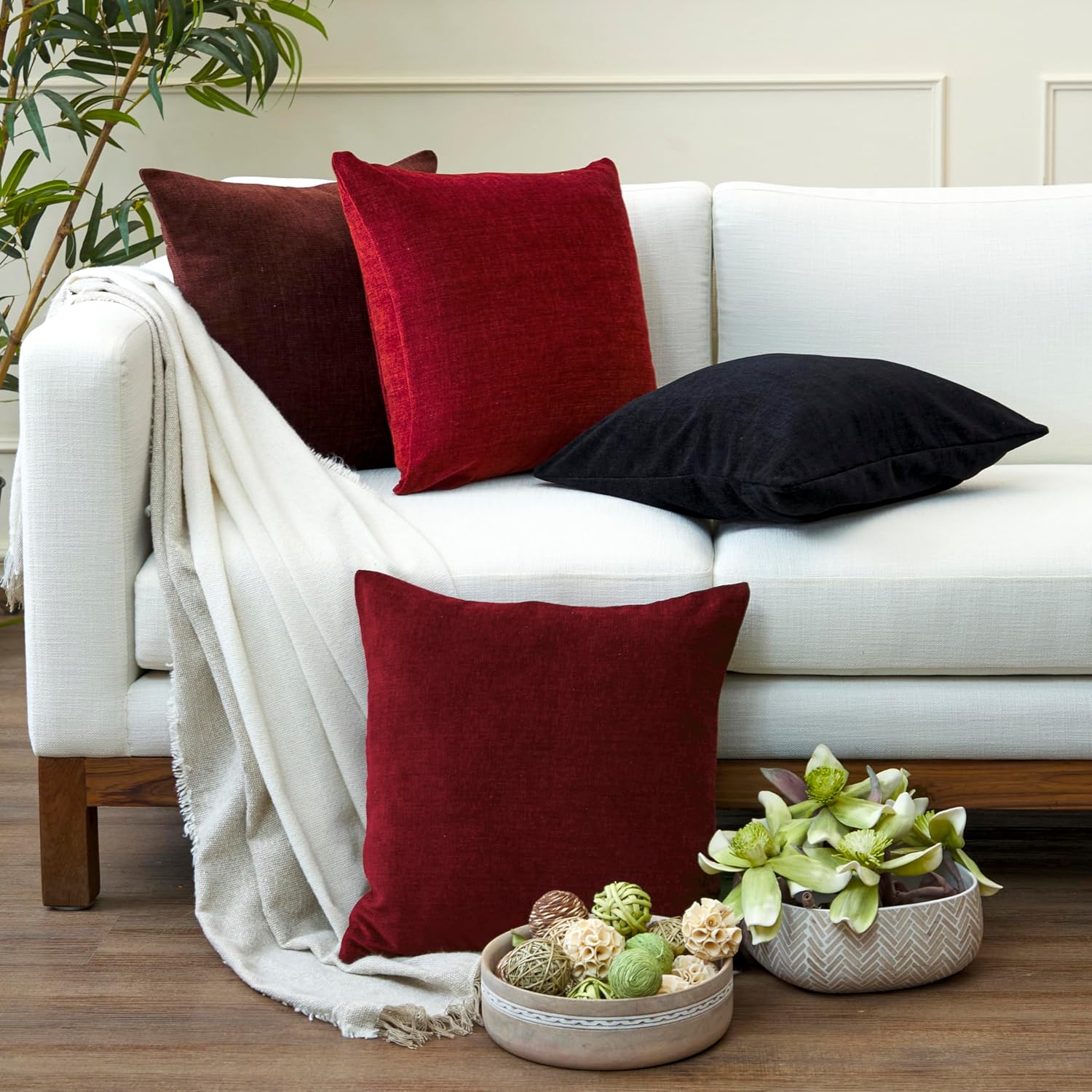 Encasa XO Thick Chenille Throw Pillow Covers Set of 2 | Maroon - (24"x24") (60x60 cm) | Decorative Accent Square Throw Pillow Cases For Couch, Home Decor, Sofa