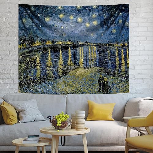 Miniatura 3 de Tapiz de noche estrellada sobre el Ródano Van Gogh para colgar en la pared para dormitorio, decoración artística de pared, tapiz de poliéster de 5 x