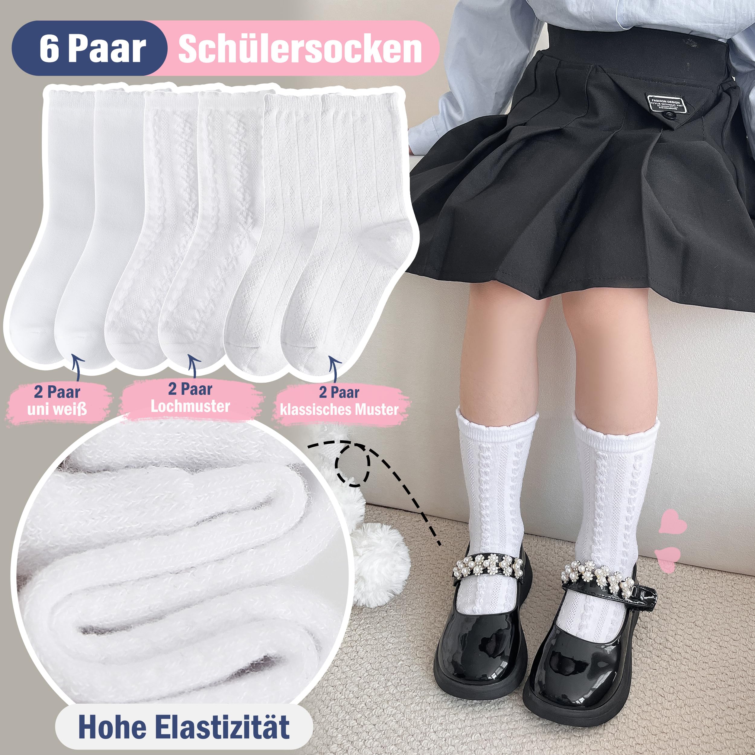 EBMORE Rüschen Kindersocken für Mädchen, Atmungsaktive Baumwolle Socken Kinder 6 Paar, ideal für Schuluniform, Outdoor