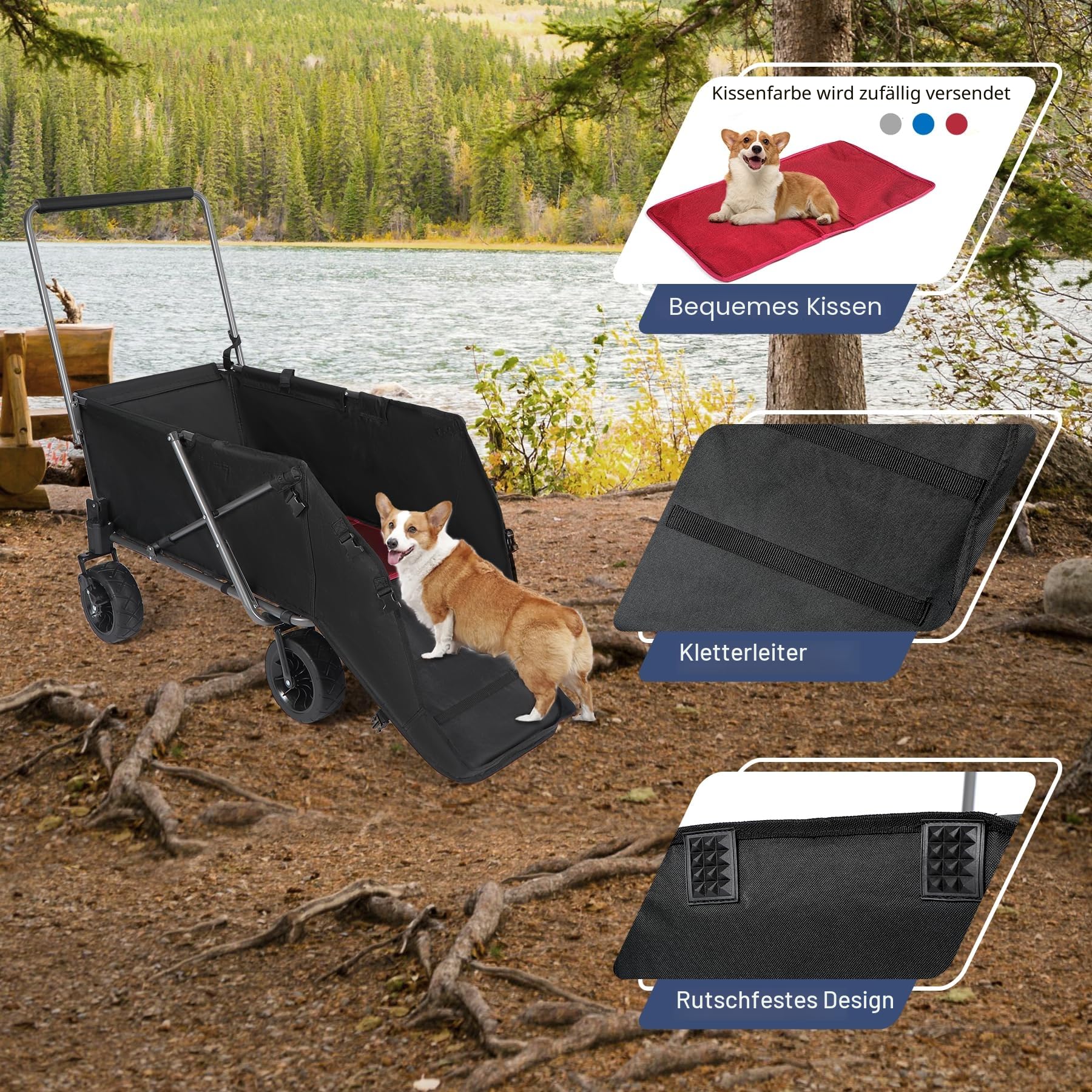 REDcamp Faltbarer Hundewagen mit ausziehbarem Hinterende, sehr robust, 134 Liter, Campingwagen mit Rädern für Sport und Shopping