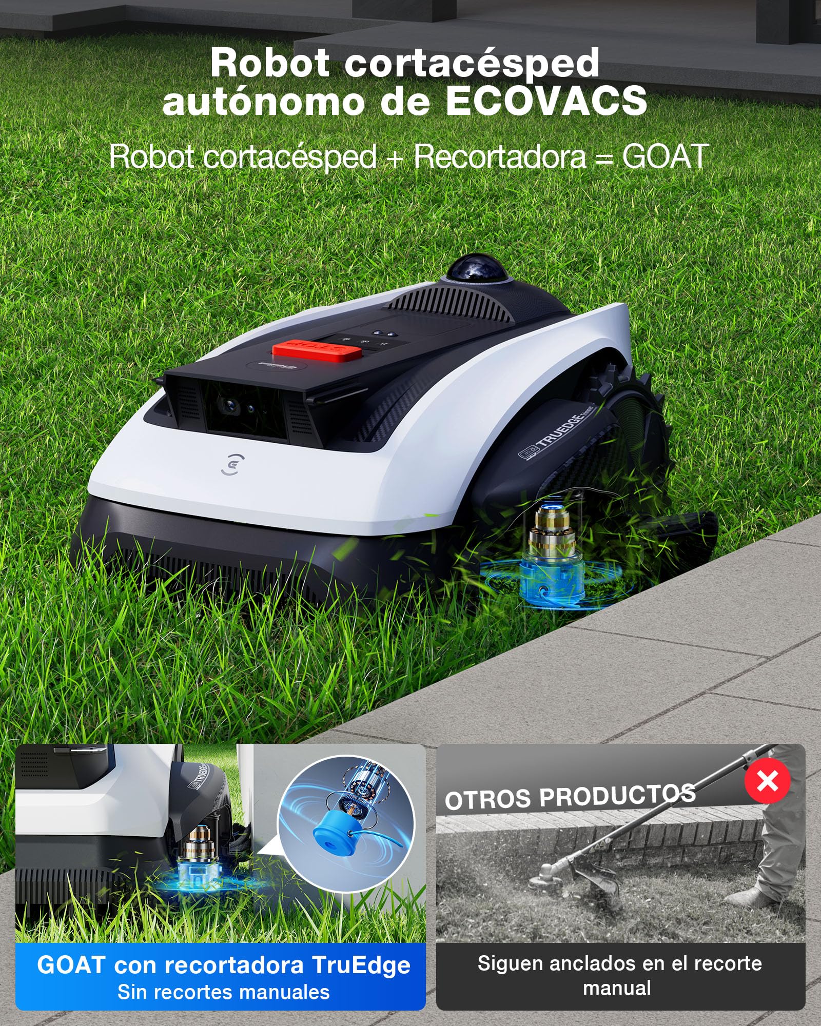 Robot Cortacésped Ecovacs Goat O1200 LiDAR Pro Care Kit sin Cable Delimitador, 1200 m², Navegación Dual-LiDAR 360°, Mapas Automáticos, Detección de Obstáculos 3D con IA, Corte Preciso de Bordes