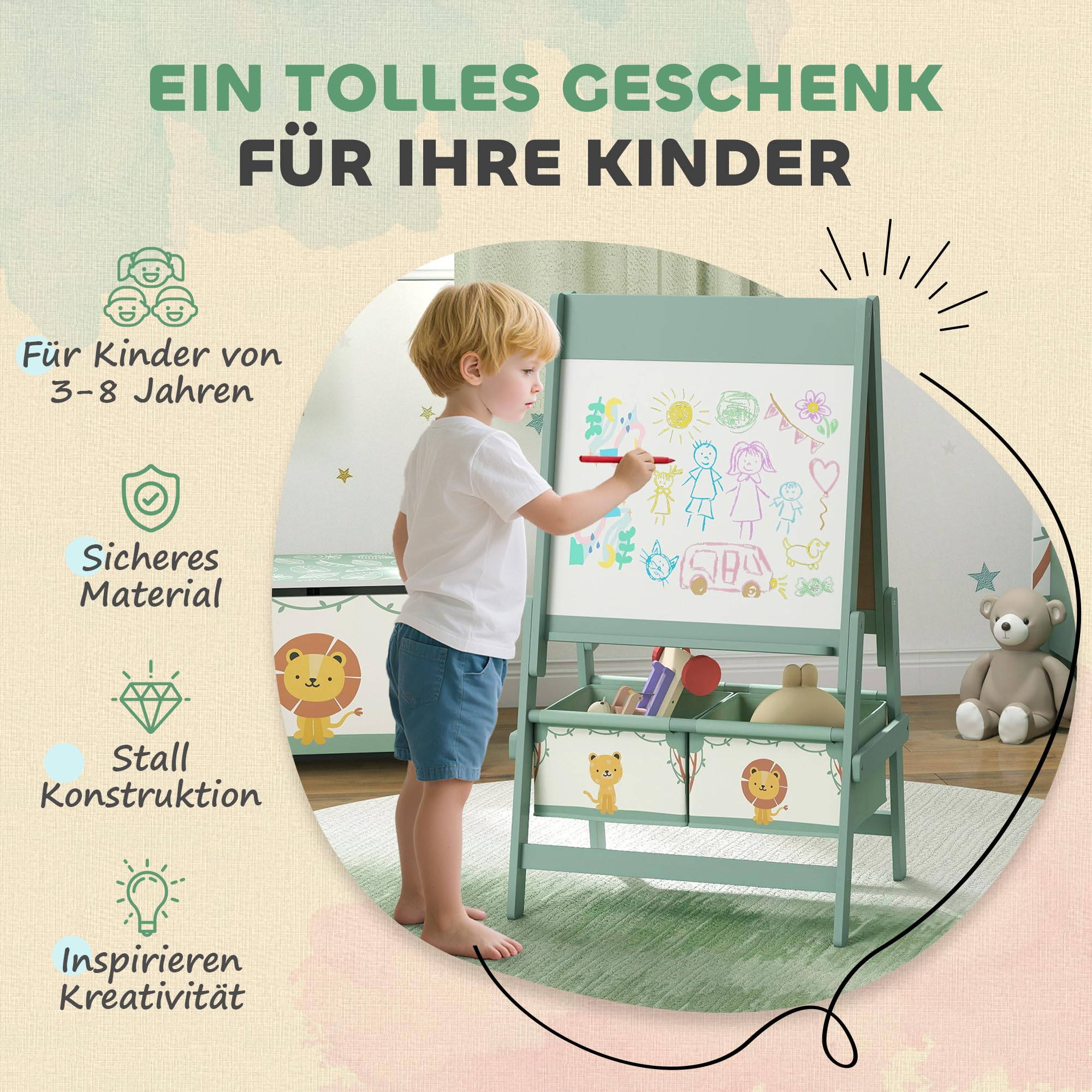 AIYAPLAY Kinder Staffelei 3 in 1 Kindertafel Standtafel mit Kreidetafel, Whiteboard, Papierrolle, 2 Aufbewahrungsboxen, Spiel-Tafel mit Löwen- und Tigermotiv, für Kinder 3-8 Jahre Grün