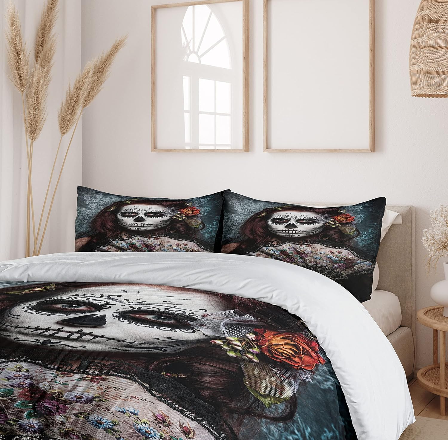 Ambesonne Day of The Dead Duvet Cover Set, Make up Artist Girl Skull Scary Roses Art Print, Decorative 3 Piece Bedding Set with 2 Pillow Shams, Queen Size, Cadet Blue Maroon