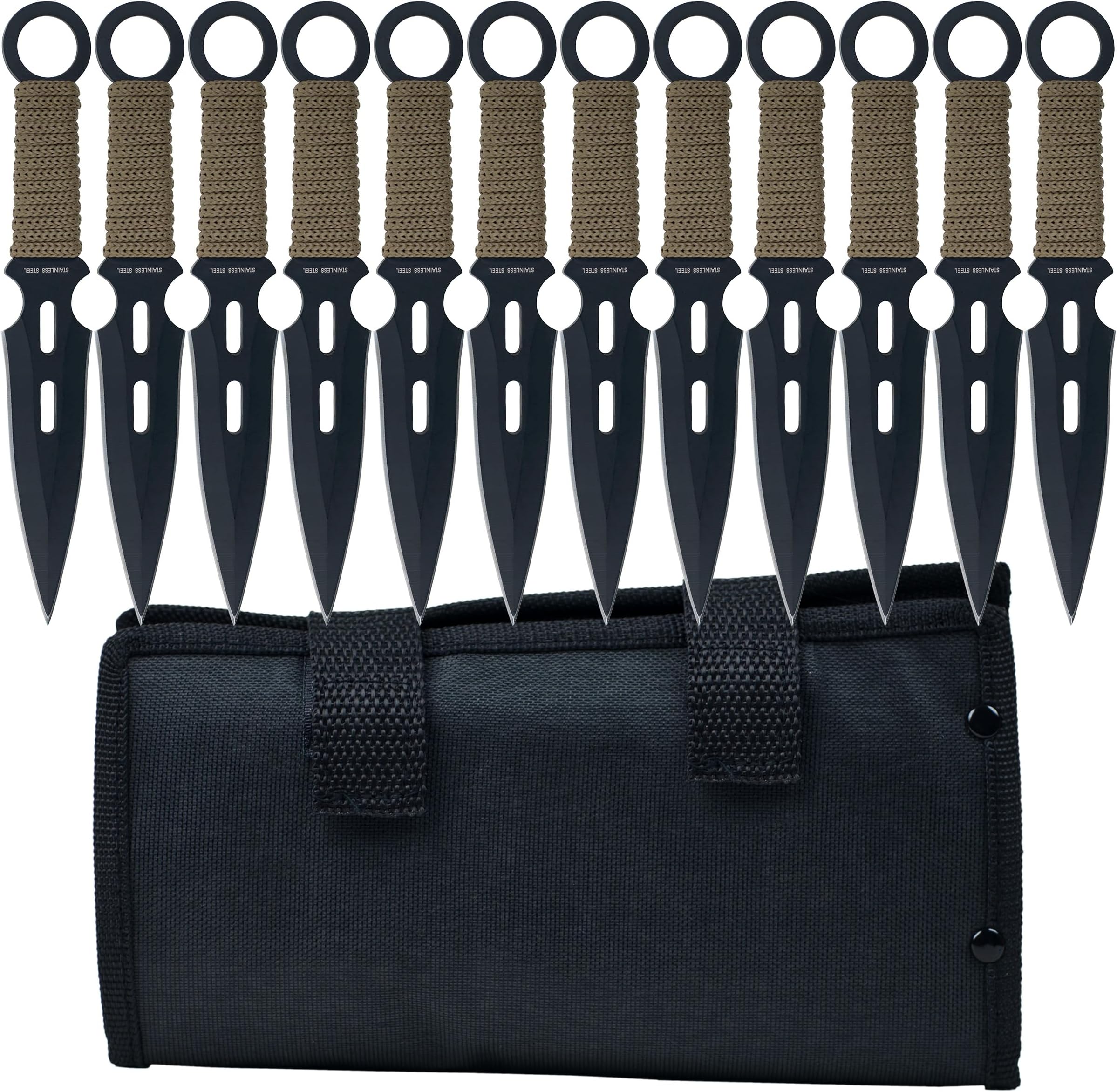 Whetstone Cutlery S-Force Kunai Knives - 12-Piece Black and Green Stainless Steel Ninja Knife Set With Cord-Wrapped Handles and Carrying Case