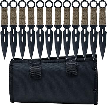 Whetstone Cutlery S-Force Kunai Knives - 12-Piece Black and Green Stainless Steel Ninja Knife Set With Cord-Wrapped Handles and Carrying Case