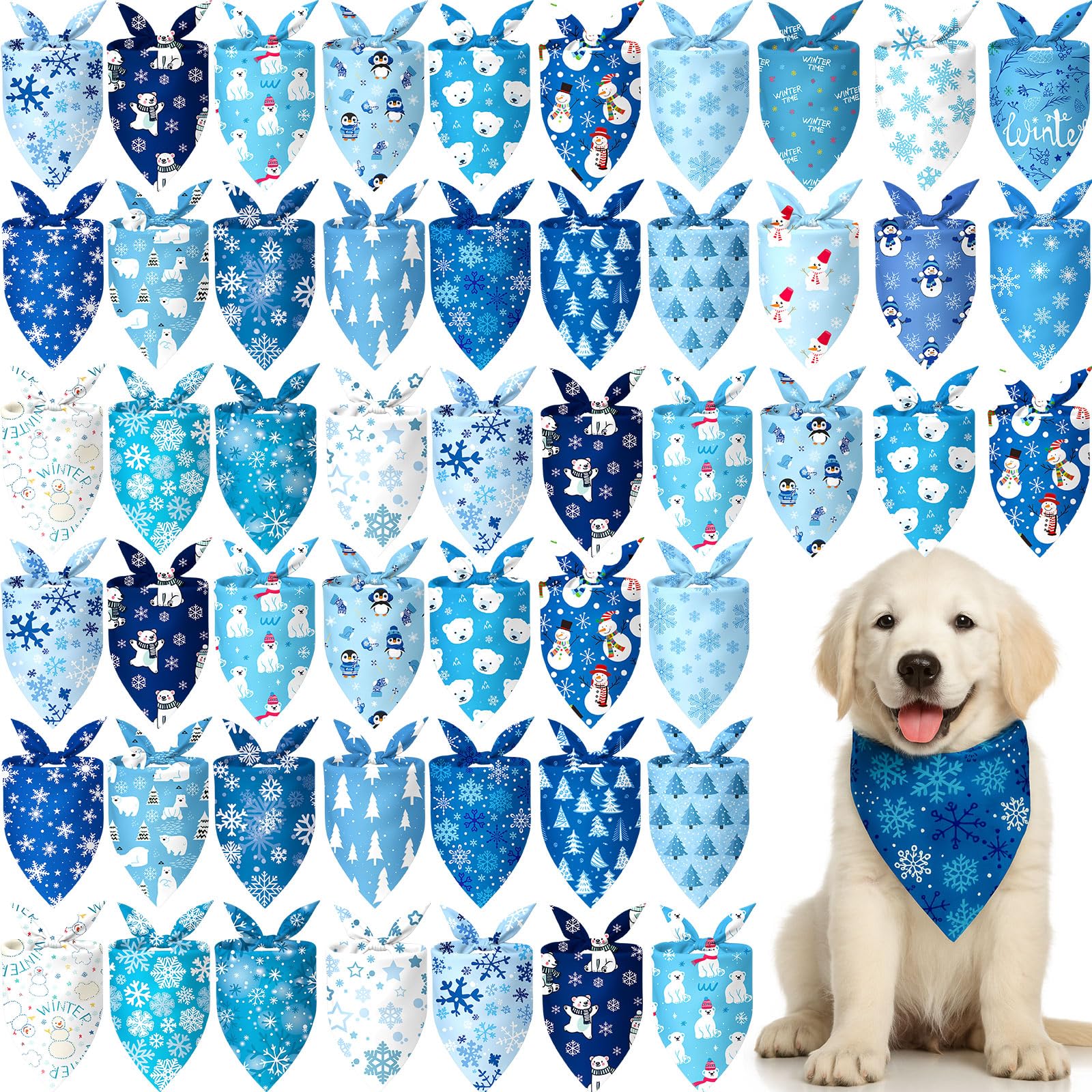 Preboun 50 Pcs Winter Dog Bandanas Bulk Blue Snowflakes Snowmen Bandanas for Dogs Triangle Kerchief Bibs Scarf Set for Pet Costume Photo Props Accessories Pet Shops, 25 Styles (25.6 X17.7 x 17.7)