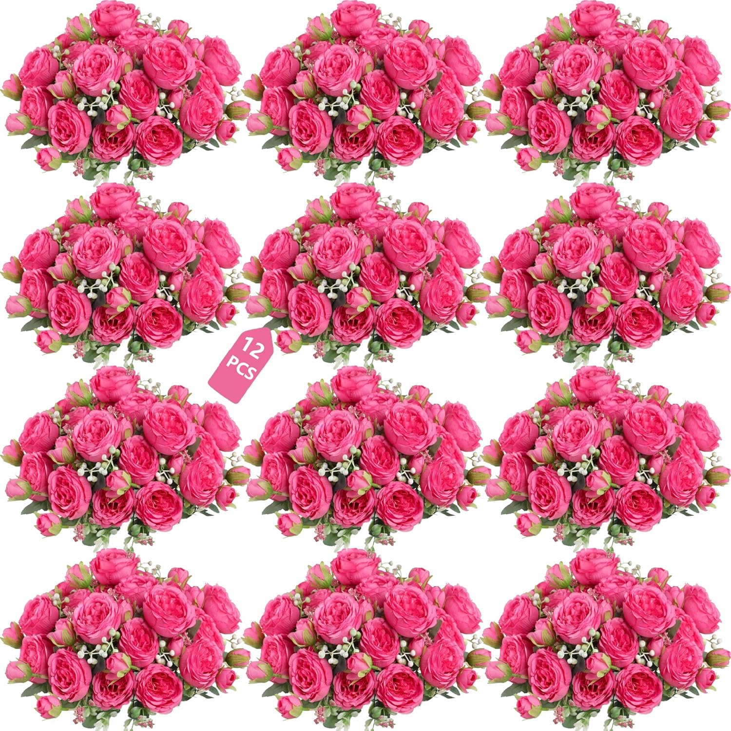 Peonies Artificial Flowers 12 Bundles Pink Flowers Bouquet, Lifelike Silk Fake Peonies with Stems for Home Table Centerpieces, Wedding, Party & DIY Bridal Floral Arrangements (Rose red)