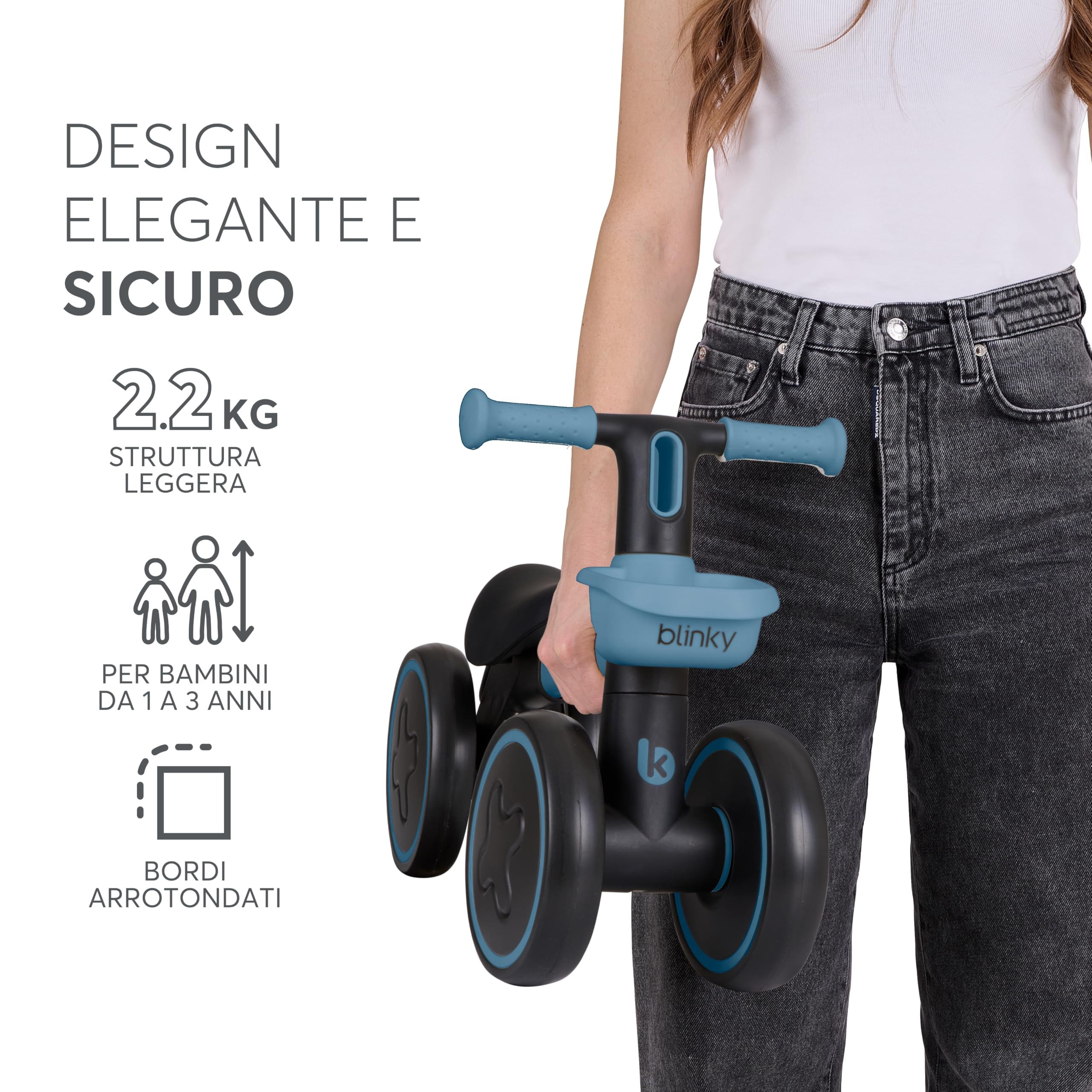 KikkaBoo BLINKY Bicicletta Senza Pedali per Bambini da 1 a 3 Anni, Bici Equilibrio con Ruote Posteriori Luminose, Luci LED Integrate, Telaio Leggero in Alluminio, con Cestino