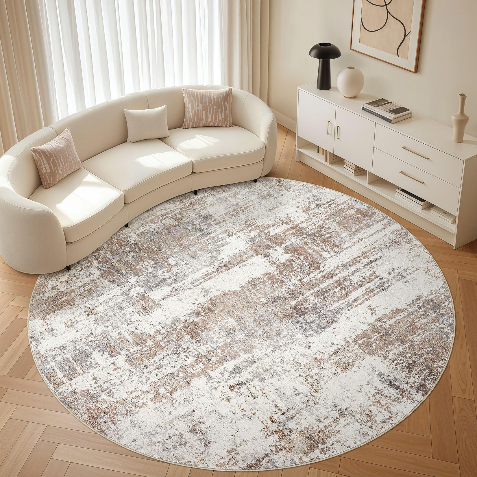 LOONGRUG Round Rug Living Room Rugs: 8Ft Washable Circle Large Abstract Modern Soft Stain Resistant Non Slip Indoor Floor Carpet for Bedroom Nursery