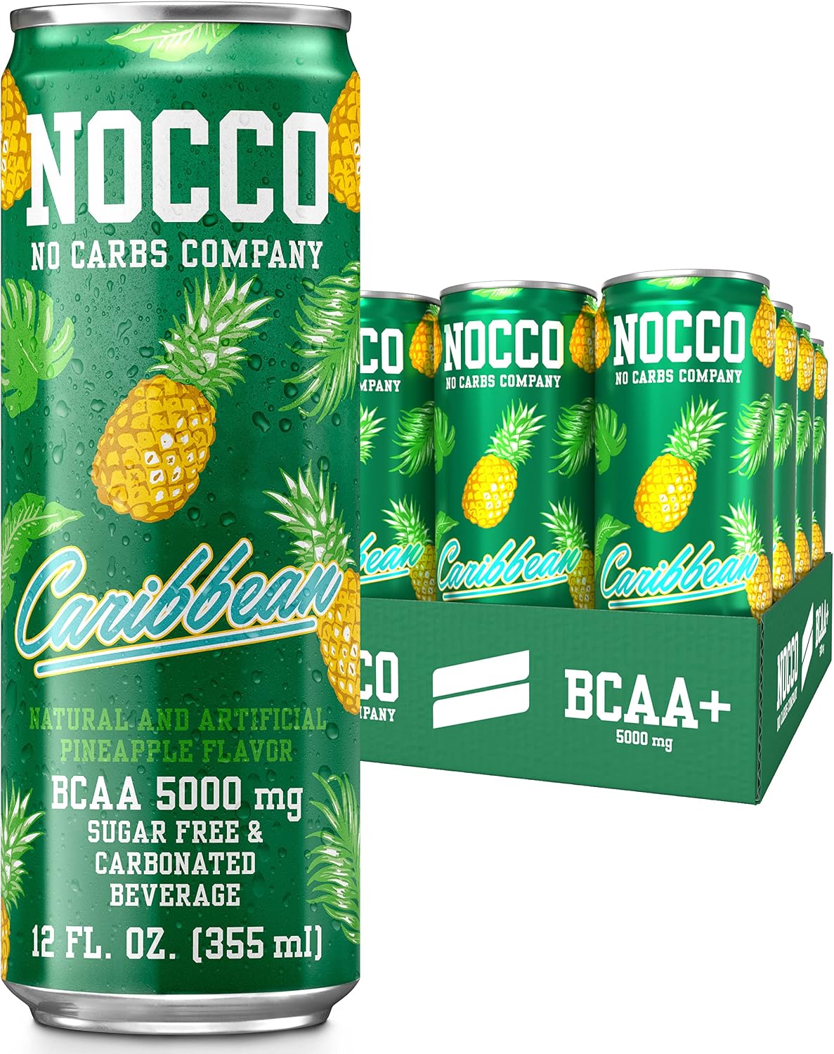 NOCCO BCAA Drink Caribbean Caffeine Free - 12 Fl Oz (Pack of 12) - 0mg of Caffeine, Sugar Free & Low Calorie, Carbonated Performance Drink - BCAAs, Vitamin B6, B12, & Biotin - Grab & Go BCAAs Drinks